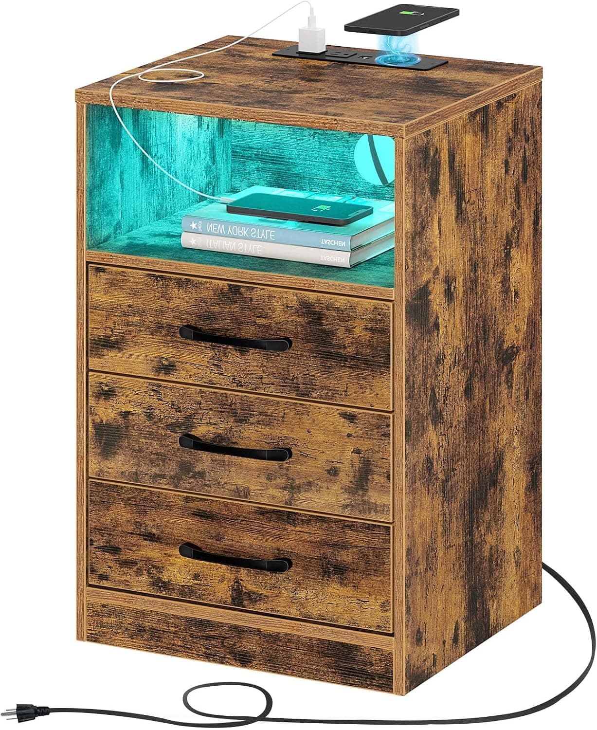 Seventable Nightstand with Wireless Charging Station and LED Lights, Rustic End Side Table with 3 Drawers and Open Compartment for Bedroom, Rustic Brown