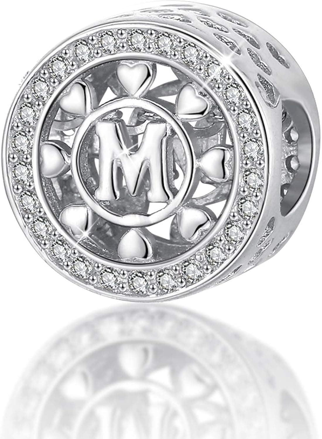 Initial Charms, 925 Sterling Silver with Pave Cubic Zirconia, Round Shape 2 in 1 Bead for Bracelet and Necklace, for Women Daughter Mom with Gift Box (M)