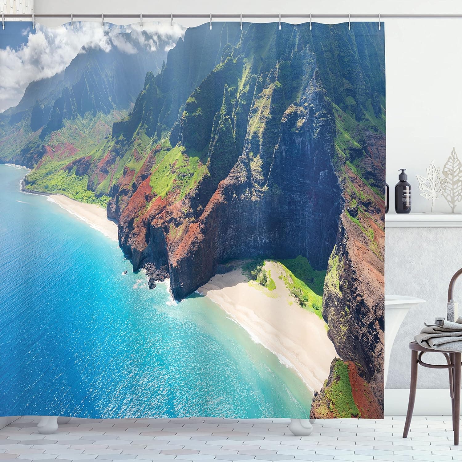 Ambesonne Hawaiian Shower Curtain, Na Pali Coast on Kauai Island on Hawaii Sunny Day Seaside Mountain Skyline, Cloth Fabric Bathroom Decor Set with Hooks, 69" W x 75" L, Blue Green Brown