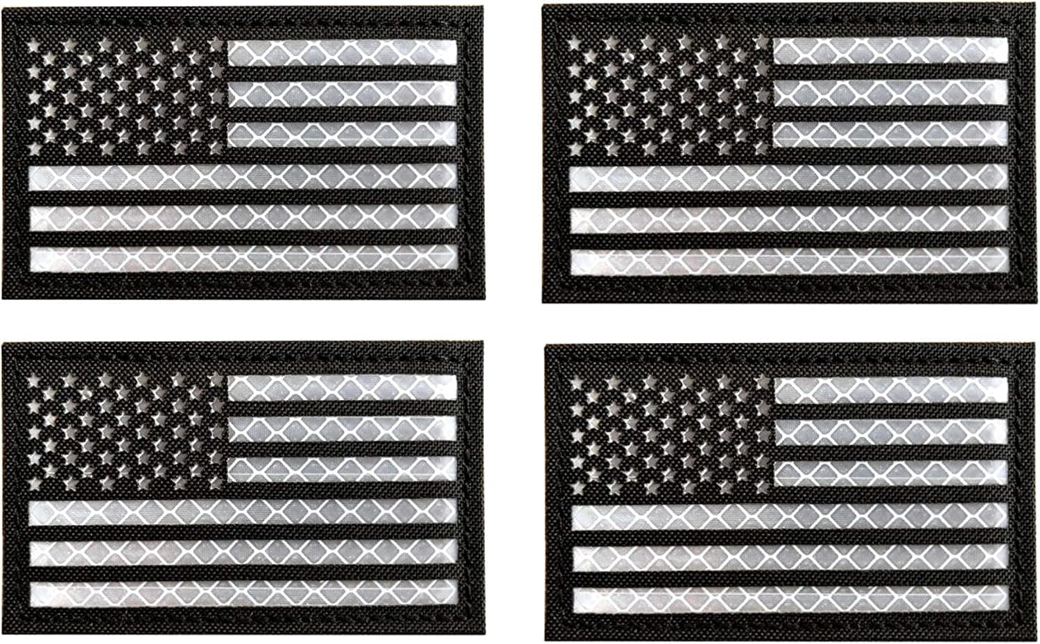 4 Pcs Reflective US USA American Flag Tactical Patches Hook-Fastener Backing 2X3.5 inch (Black-White)