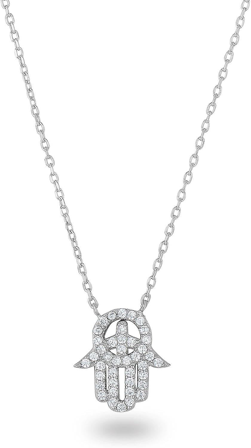 Rhodium Plated 925 Sterling Silver Cubic Zirconia Pave Mini Peace Hamsa Hand Fatima Chain Necklace,18"