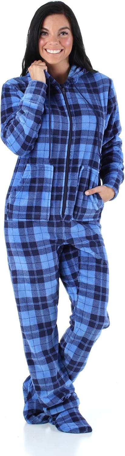 SleepytimePJs Women's Fleece Hooded Footed Onesie Pajama, Blue Plaid, 2X