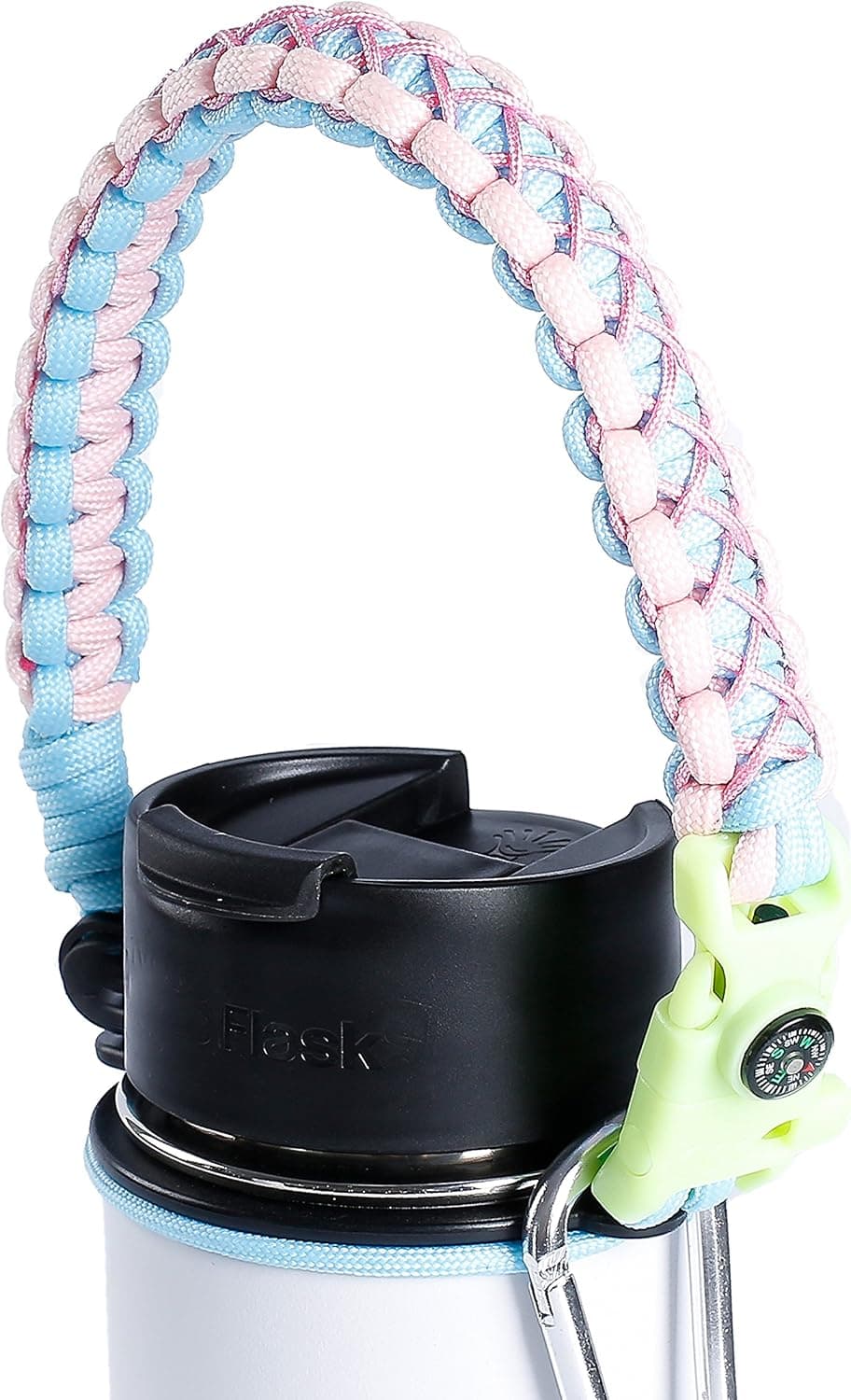 QeeLink Paracord Handle Compatible with 1.0 Wide Mouth Water Bottles - Paracord Carrier Strap Cord with Safety Ring & Carabiner & Compass, 12oz - 64oz