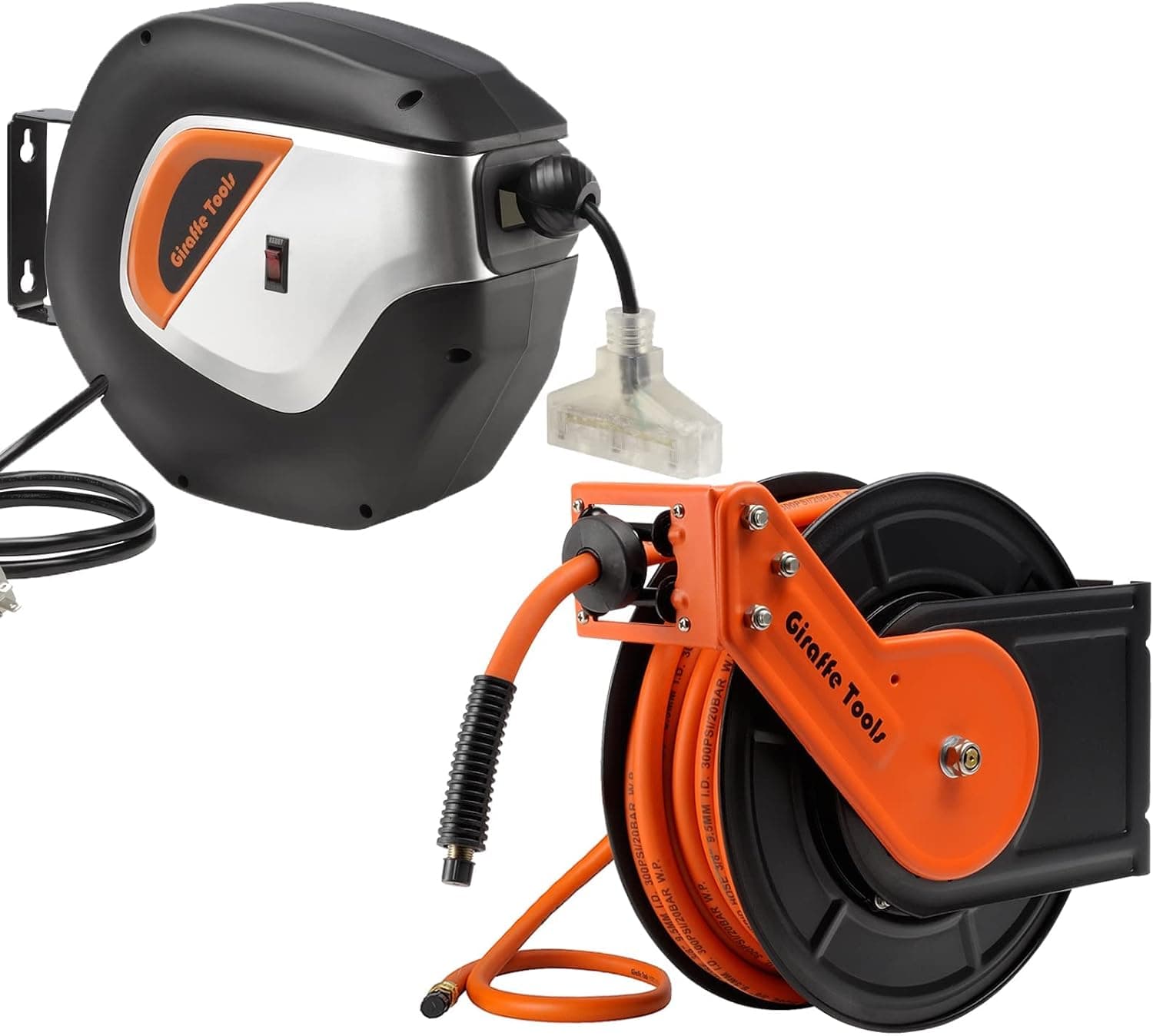 Giraffe Extension Cord Reel 50ft 14/3 AWG & Retractable Air Hose Reel 25ft Bundle Heavy Duty Steel Reel Auto Rewind