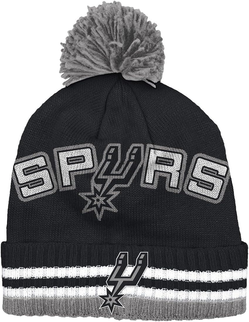 adidas San Antonio Spurs Bold Wordmark Striped Cuff Pom Knit Beanie Hat/Cap