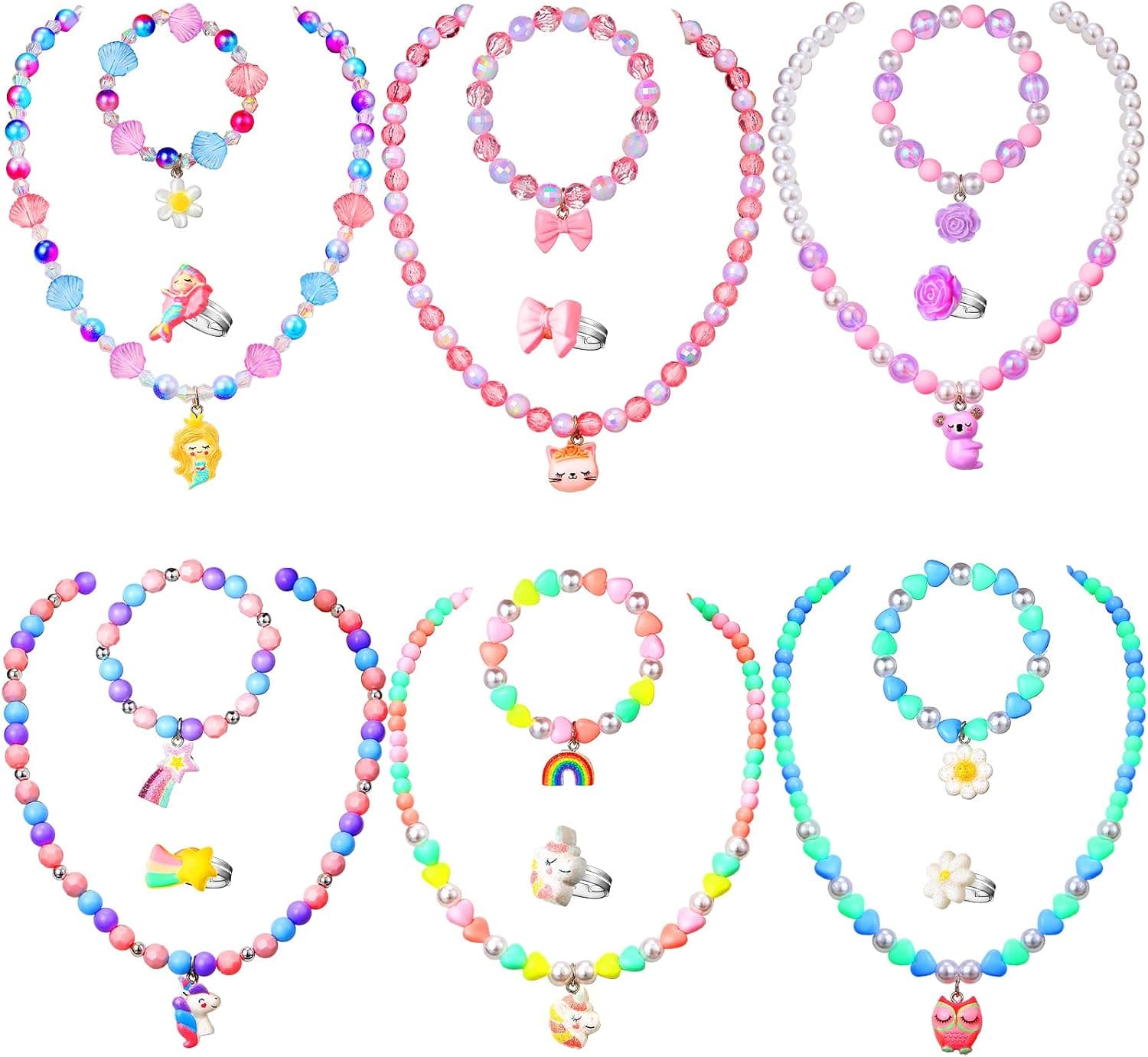 18 Pcs Kids Jewelry for Girls Necklace Bracelet and Rings Set with Colorful Unicorn Mermaid Rainbow Flower Pendant Toddler Jewelry Stretchy Chunky Jewelry Gift for Pretend Play Dress up Party Favor