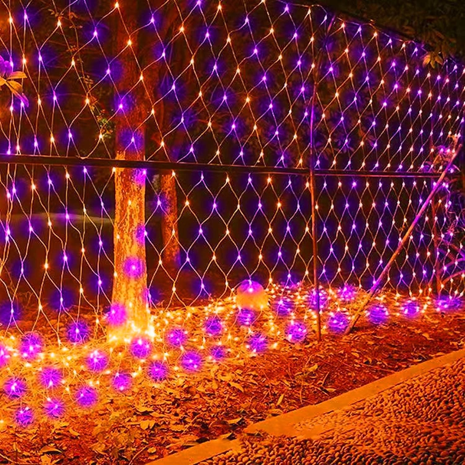 Dazzle Bright Christmas 200 LED Net Lights, 9.8 FT x 6.6 FT Connectable Mesh Lights with 8 Lighting Modes, Christmas Decorations for Indoor Outdoor Bush Yard Garden Decor (Purple & Orange)