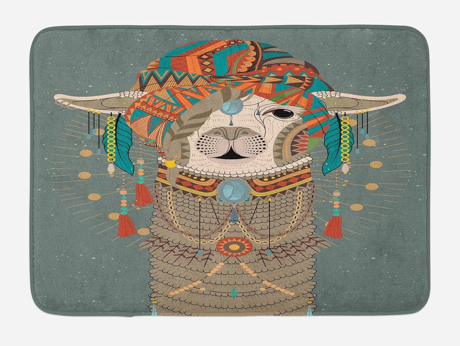 Ambesonne Llama Bath Mat, Colorful Headwear Wearing Accessories Earrings Necklace Abstract Animal, Plush Bathroom Decor Mat with Non Slip Backing, 29.5" X 17.5", Gray Green