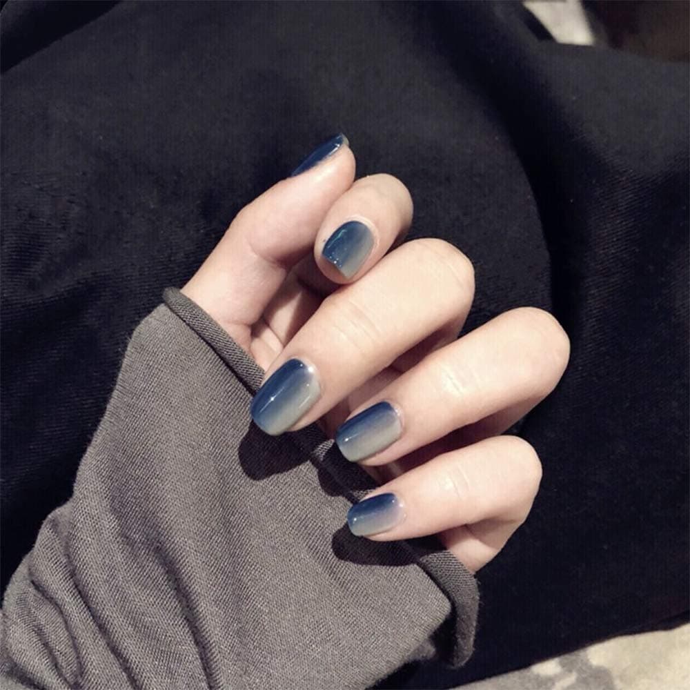 Aimimier 24Pcs French Ombre False Nails Glossy Gradient Full Cover Short Square Fake Nails with Glue Salon Clip on Fingernails for Women and Girls (Gray)