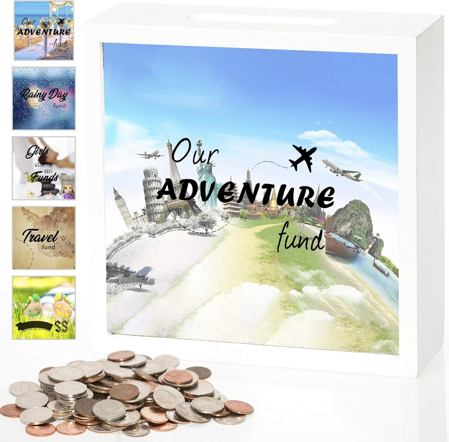 Adult Piggy Bank - Our Adventure Fund Coin and Bills Money Saving Bank. 6x6 Shadow Frame Box in White and Natural Colors, with 6 Free Photos and Reusable Phrases, Travel, Rainy Day, Wedding (White)