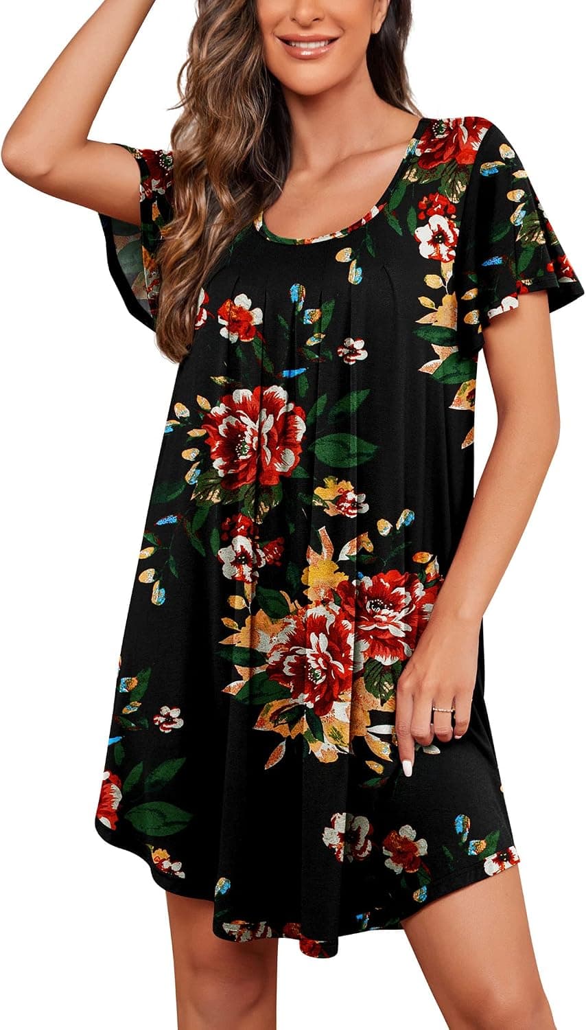 PrinStory Womens Nightgown Short Sleeves Sleepwear Soft Loose Sleepshirt Scoopneck Pleated Nightshirt Loungewear