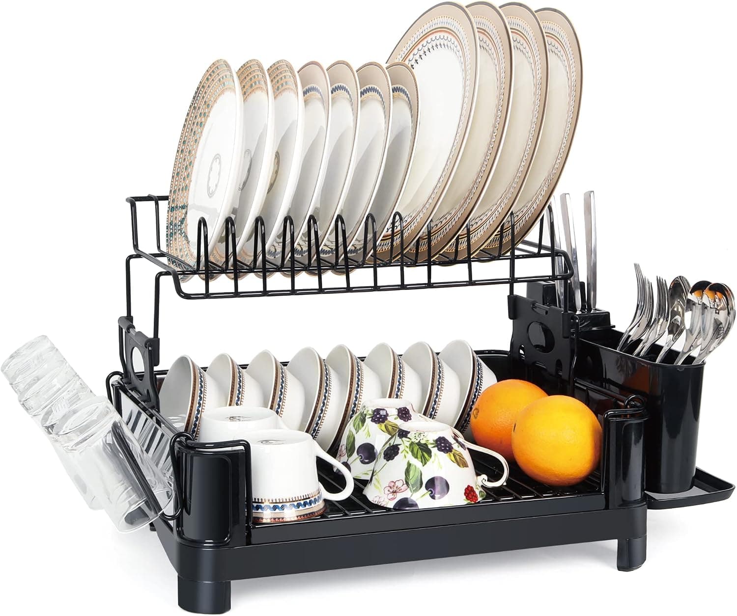 Dish Drying Rack - Two Tiers Multifunctional Dinnerware and Kitchen Tool Storage Basket, Plate Bowl Tableware Drain Rack, Model:DDR-002,by WEIKER., Black, 17''x13.4''x12.2''