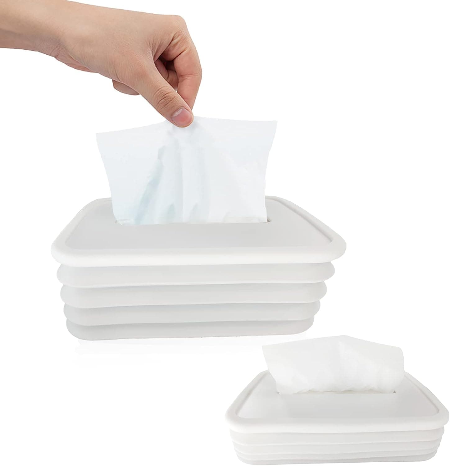 Silicone Collapsible Facial Tissue Box Cover Dispenser Minimalist Napkin Paper Holder Organizer for Bathroom Vanity Countertops, Bedroom Dressers, Night Stands, Desks and Tables (White)