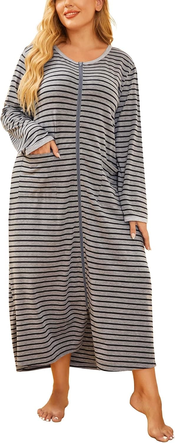IN'VOLAND Womens Plus Size Zipper Robe Long Sleeve Nightgowns Full Length House Coat Loungewear with Pockets