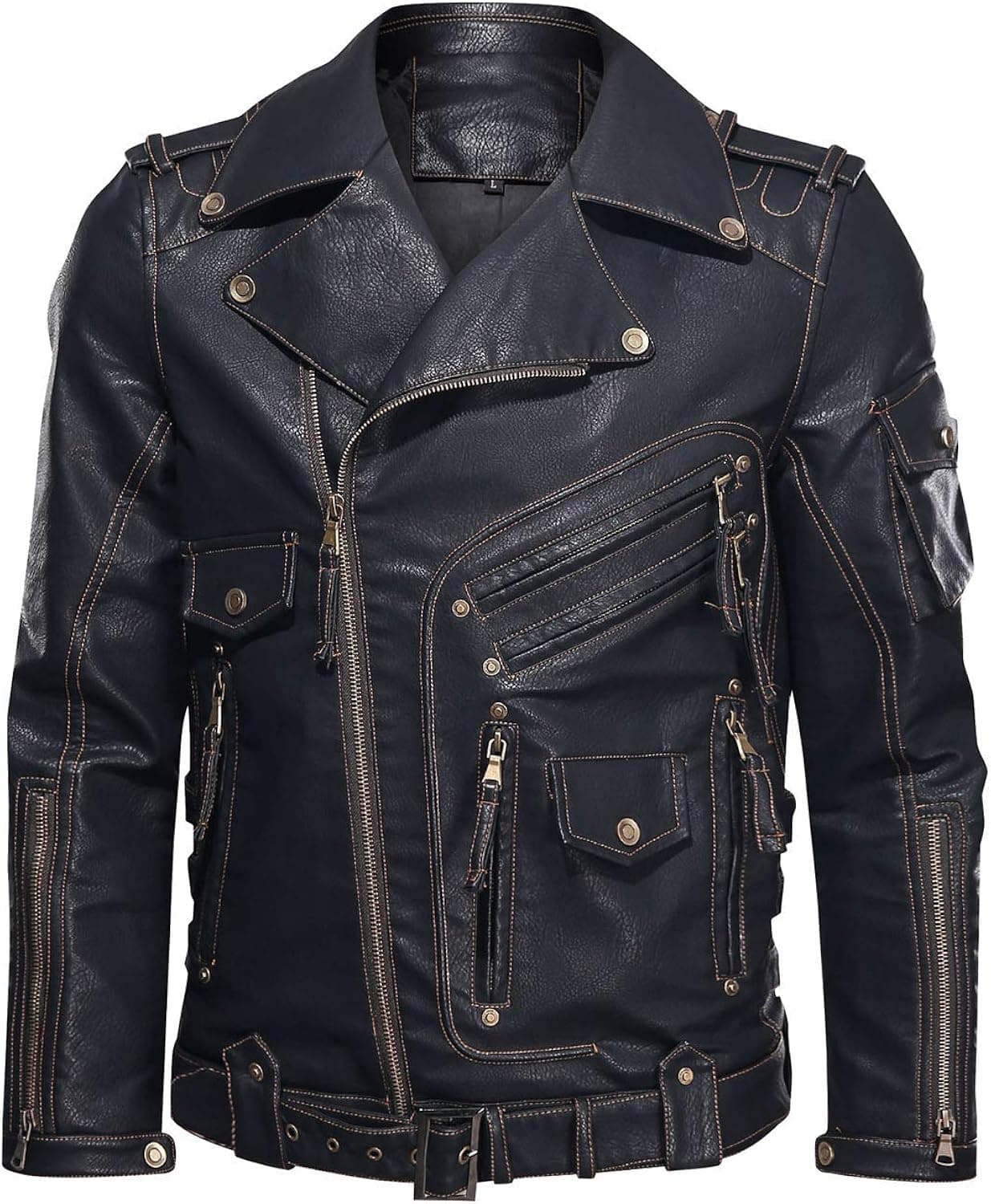HOOD CREW Men’s Faux PU Leather Jacket Slim Fit Biker Jacket with Zipper Pockets for Motorcycle, Biking, Black