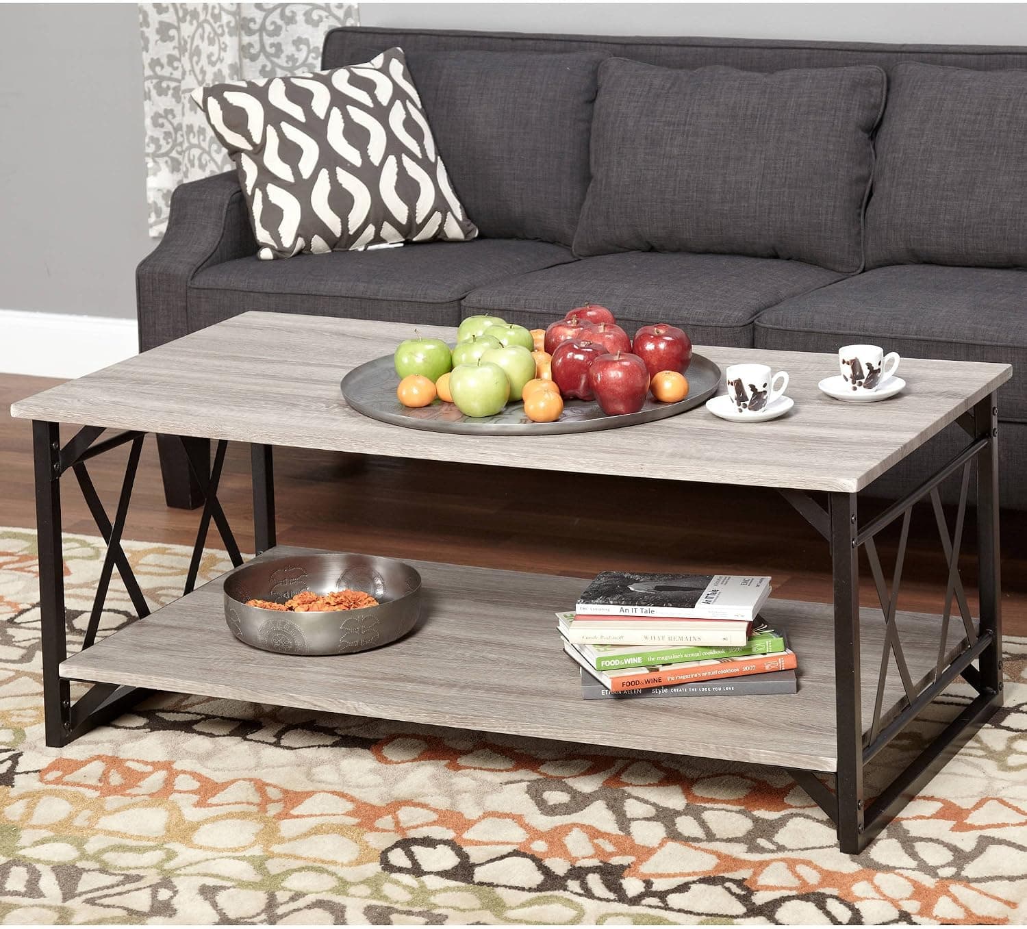 Coffee Table. This piece of living room furniture brings stability and is attractive. This decor is contemporary, rustic and sophisticated. Provides storage shelf and metal frame. Perfect end table, gray wood decoration. Beautiful home guaranteed.