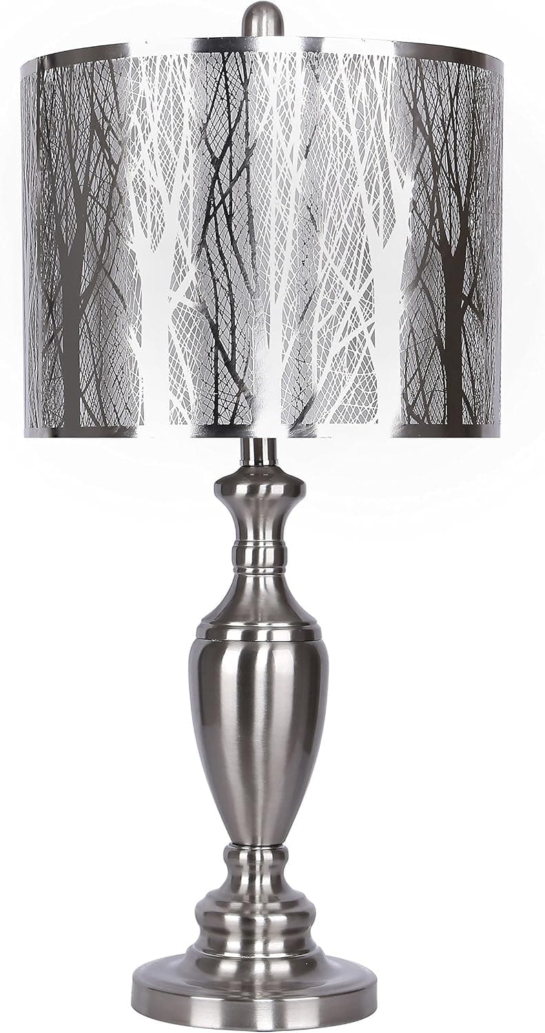 Grandview Gallery Table Lamp with Laser Cut Shade – Laser Cut Tree Scene with Sparkle White Lamp Shade and Brushed Nickel Body, 27.25” Table Lamp for Bedside, End Tables and More