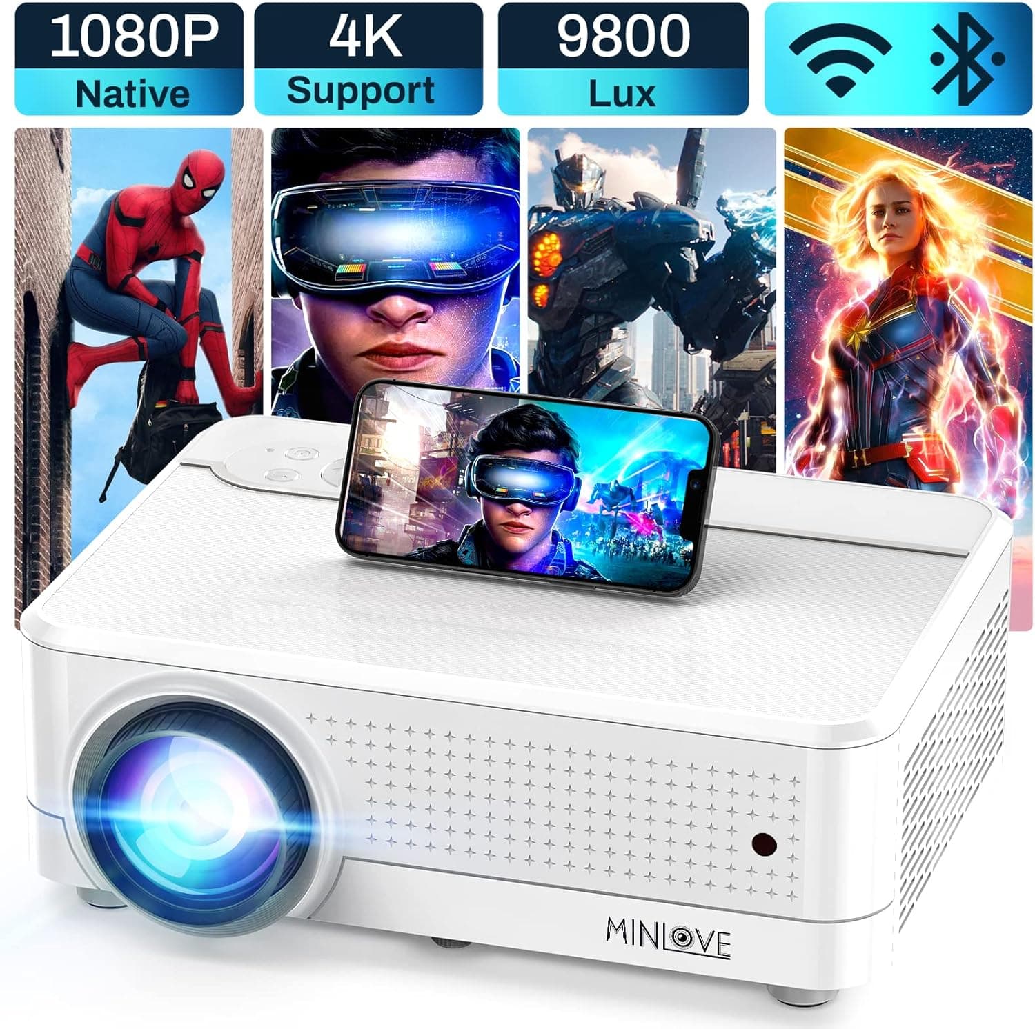 Native 1080p WiFi Bluetooth Projector, 4K Supported 450" Display 9800L, MINLOVE High Brightness Full HD Movie Projector for Business Ceiling Home Theater, for iOS/Android/TV Stick/DVD/PC/PS5/HDMI/USB