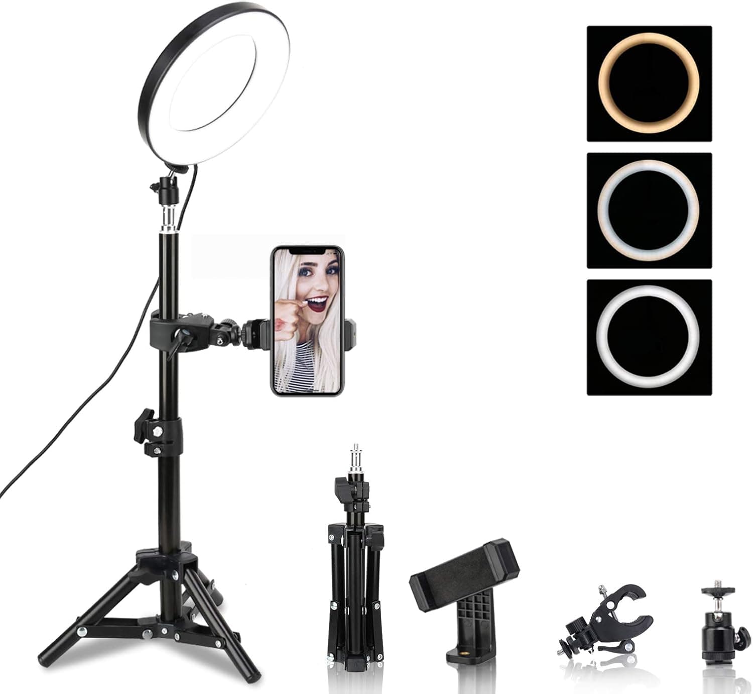 LED Ring Light 6" with Tripod Stand for Live Streaming,YouTube Video and Makeup, Mini LED Camera Light with Cell Phone Holder Desktop LED Lamp with 3 Light Modes & 11 Brightness Level