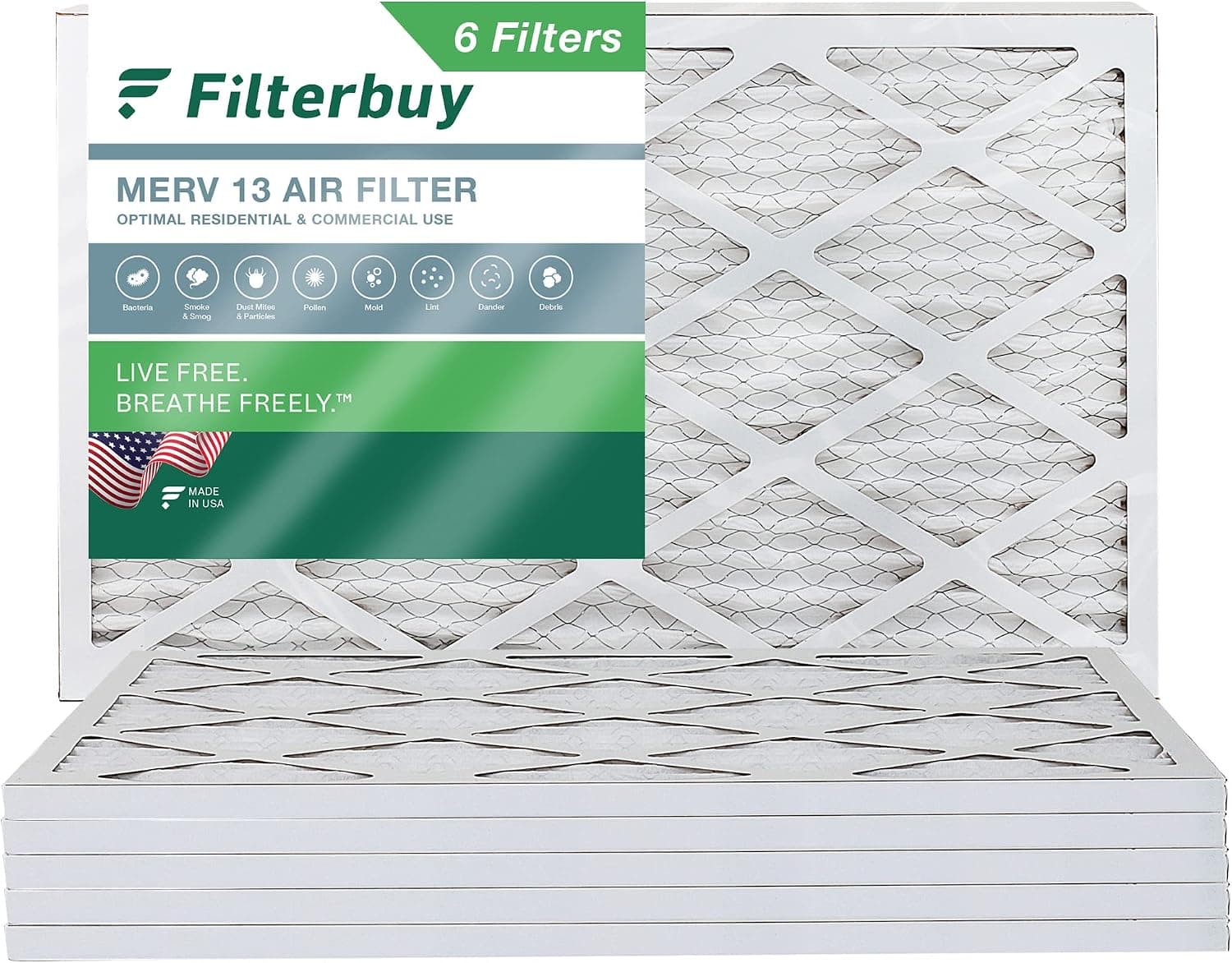 Filterbuy 24x36x1 Air Filter MERV 13 Optimal Defense (6-Pack), Pleated HVAC AC Furnace Air Filters Replacement (Actual Size: 23.50 x 35.50 x 0.75 Inches)
