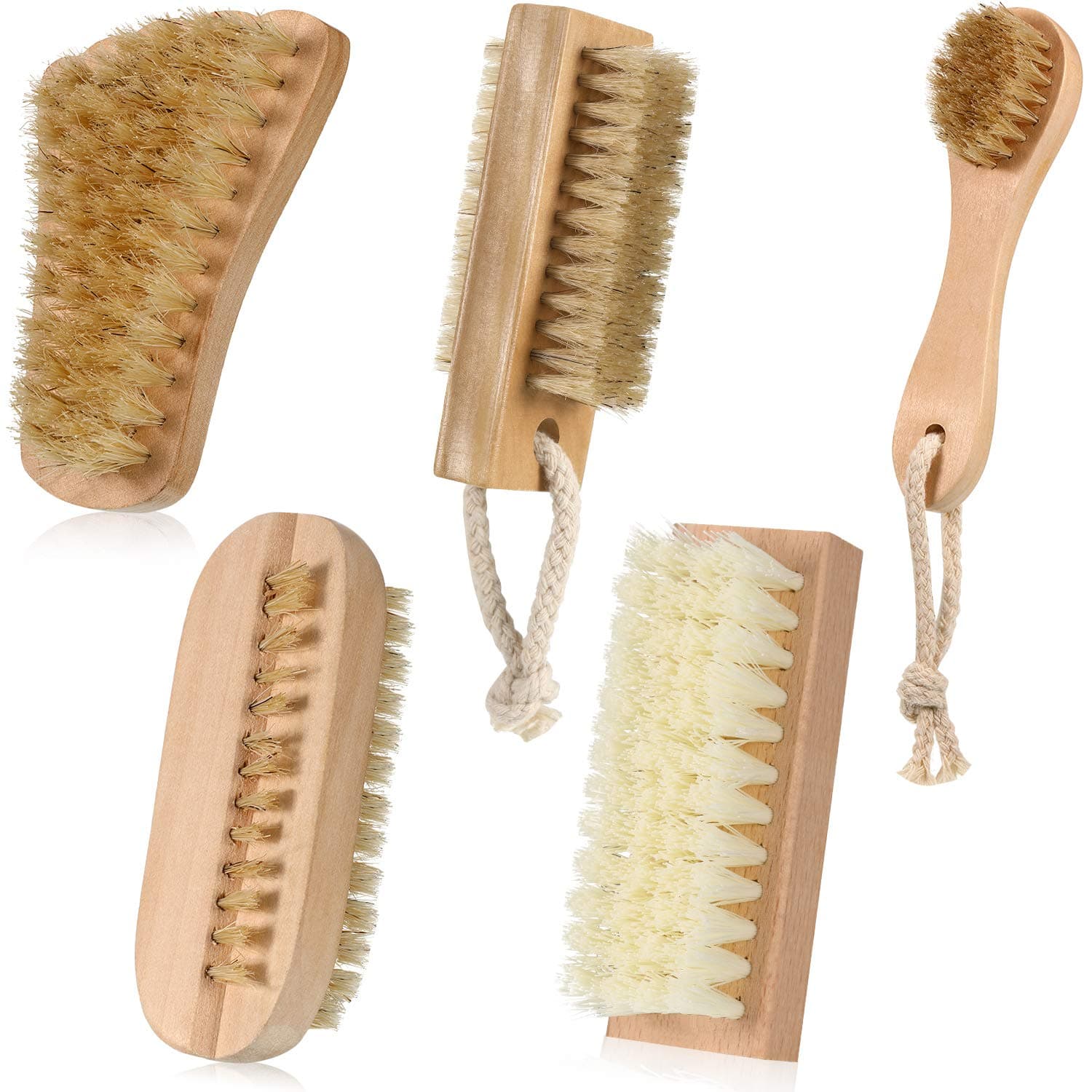 5 Pieces Bristle Non-Slip Wooden Hand Nail Scrub Brush Set in 5 Different Shapes, Nail Brushes for Toes Nail Cleaning and Long Handle Wooden Face Cleaning Brush
