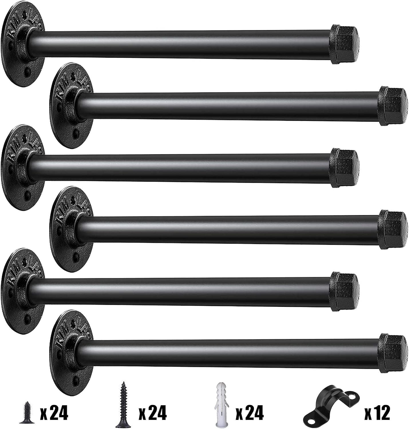 Industrial Iron Pipe Shelf Bracket 8 Inch Set of 6, Heavy Duty Wall Mounted DIY Shelving Brackets Hanging Custom Pipe Brackets for Floating Shelves,Coated Finish.Hardware Included