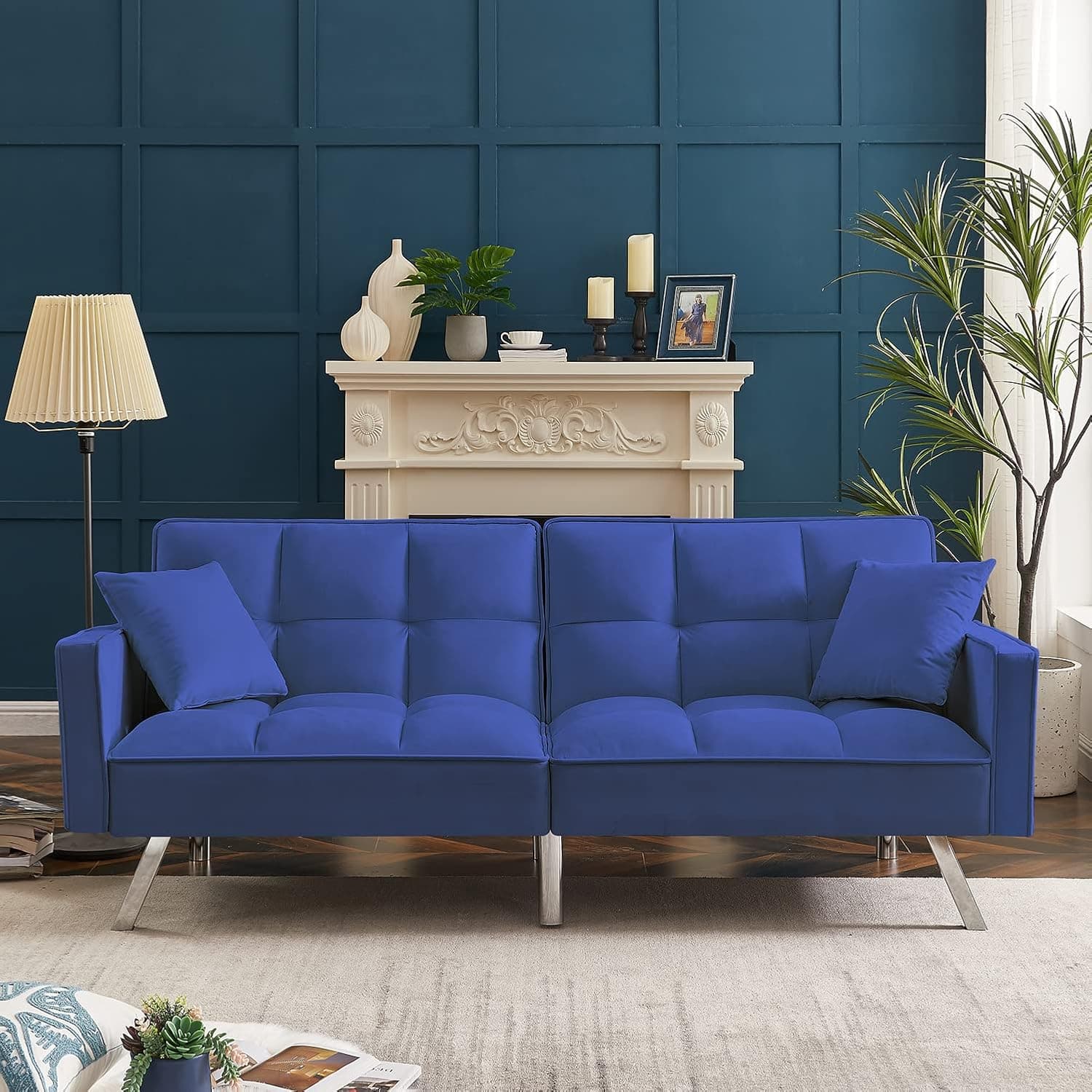 Convertible Velvet Futon Sofa Bed, Modern Sleeper Sofa with 2 Pillows, 3 Adjustable Angles for Backrest, Living Room Couch with 5 Sturdy Metal Legs, Upholstered Loveseat for Home, Office, Blue