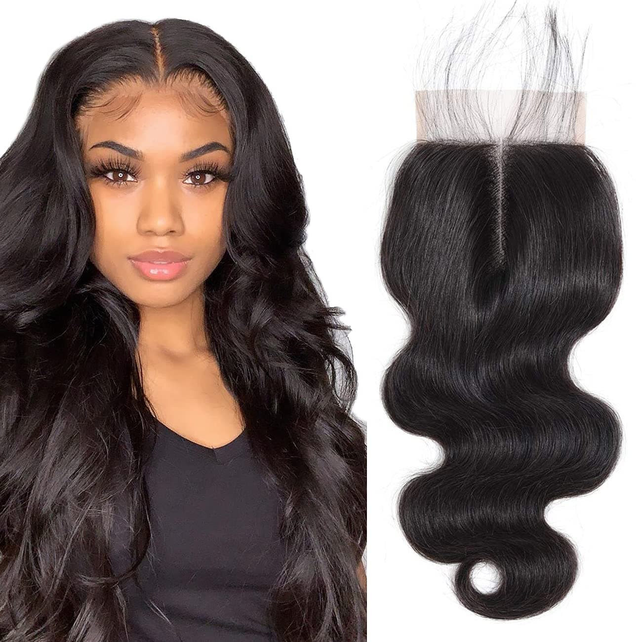 Body Wave Lace Closure Human Hair Middle Part Lace Brazilian Virgin Hair 100% Unprocessed Remy Hair Half Hand Made 4X4X1 Middle Part Closure Natural Color 10inch