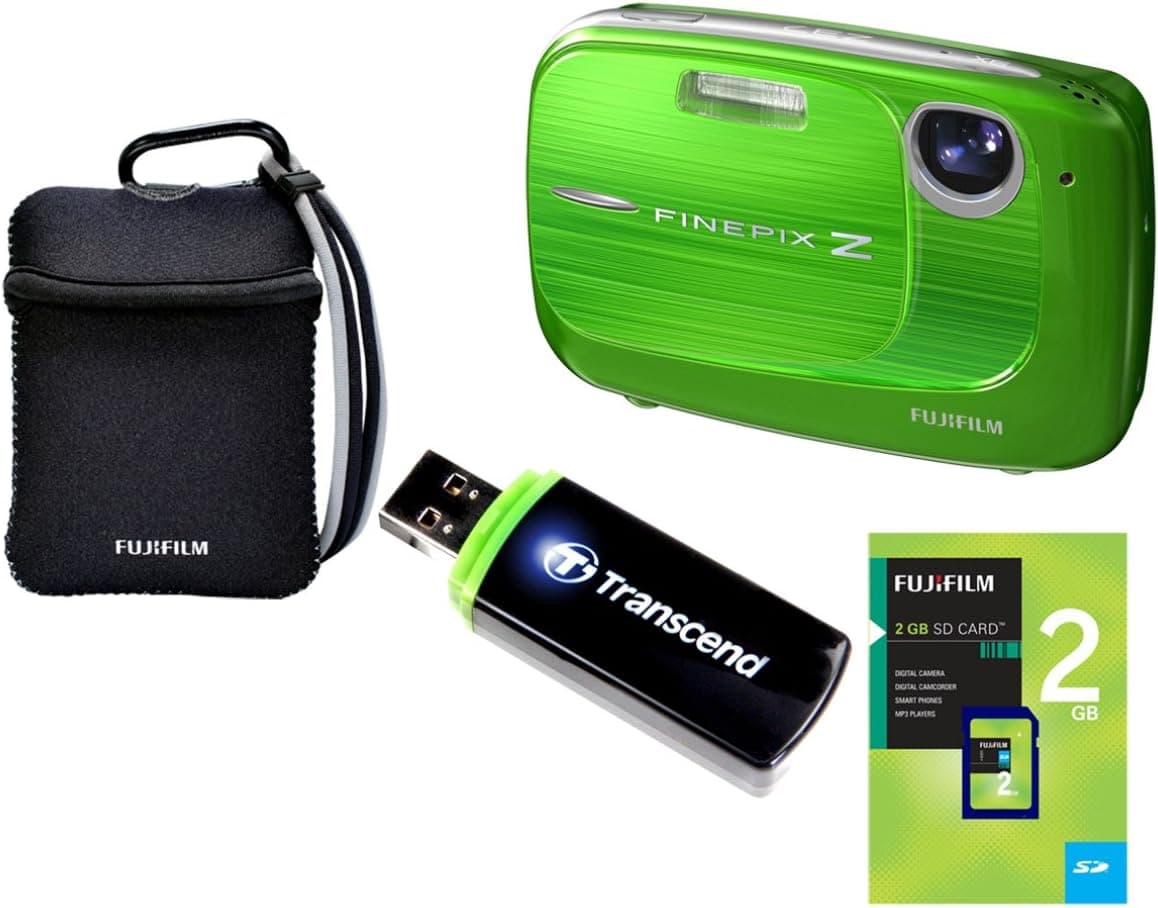 Fujifilm Finepix Z37 10MP Digital Camera bundle with 3x Optical Zoom and 2.7 inch LCD, includes 2GB Fuji Memory Card, Transcend Card Reader and Reversible Neoprene Case (Green)