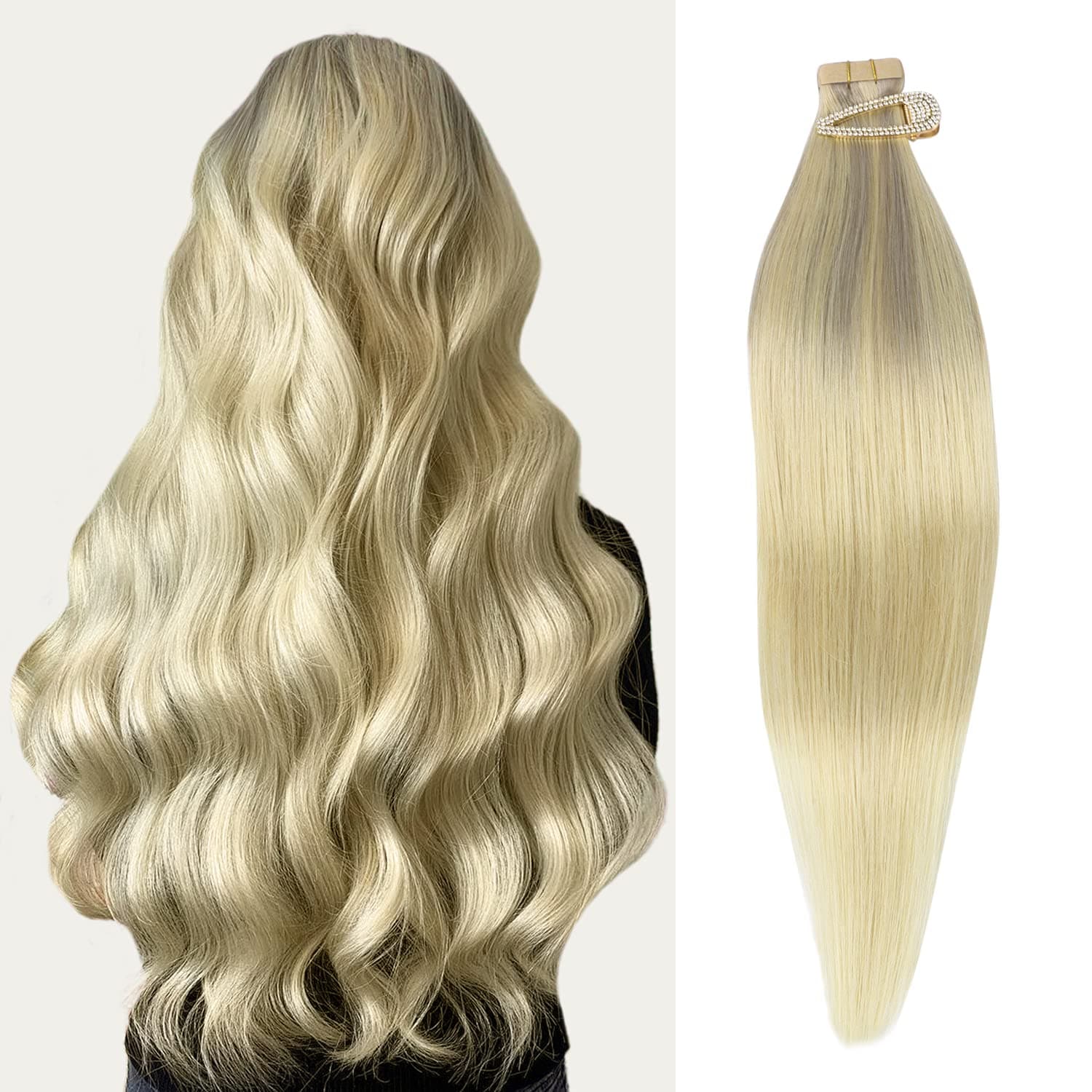 Marat Tape in Hair Extensions, Ash Blonde to Golden Blonde and Platinum Blonde 16 inch 50g Tape in Hair Extensions Real Human Hair Natural Straight Human Hair Tape in Hair Extensions