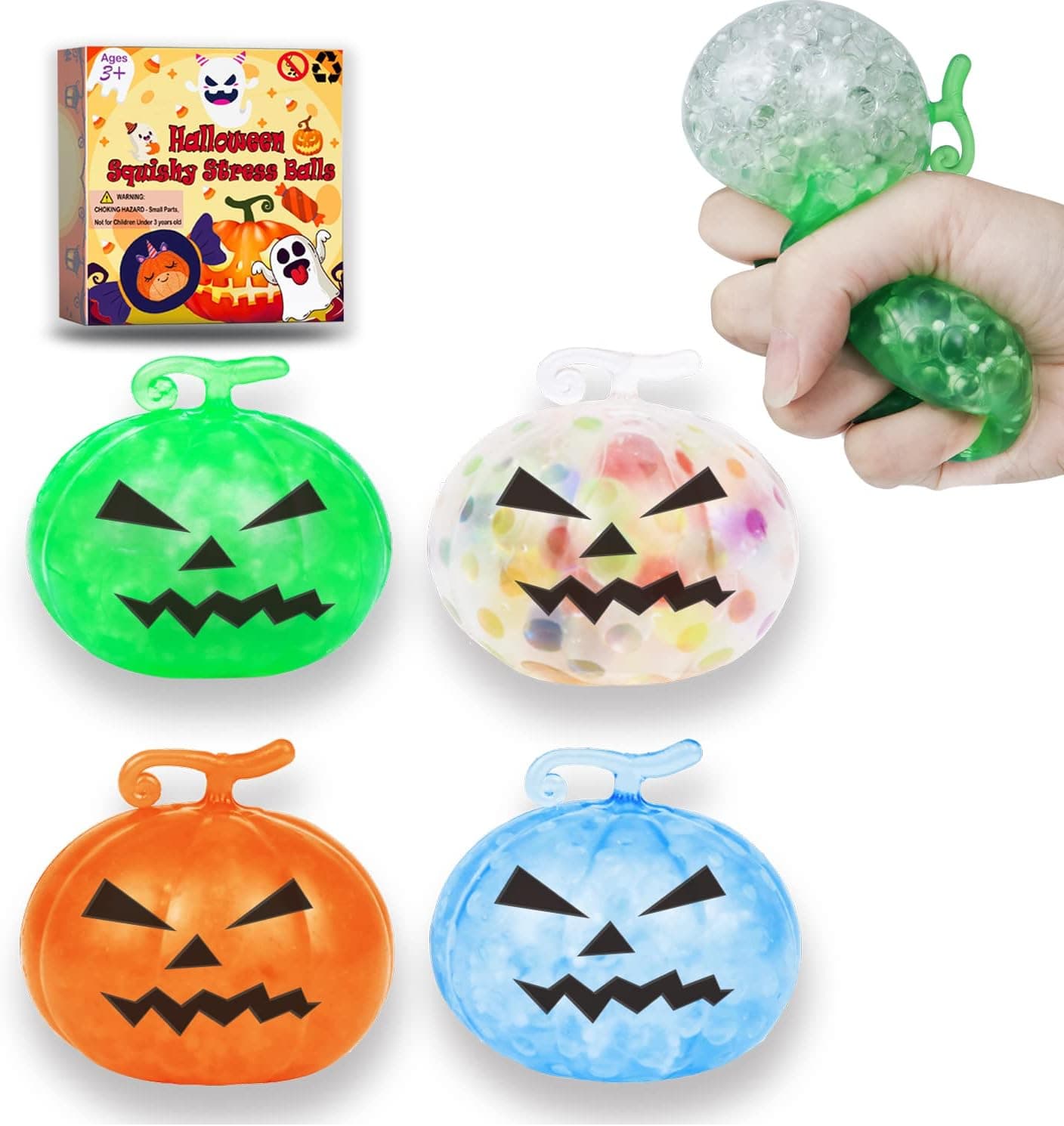 Halloween Stress Balls Toy, Halloween Pumpkin Stress Relief Fidget Ball Toys Filled with Water Beads, Sensory Squeeze Toy for Kid Teens Classroom Rewards Supplies Fillers Gifts
