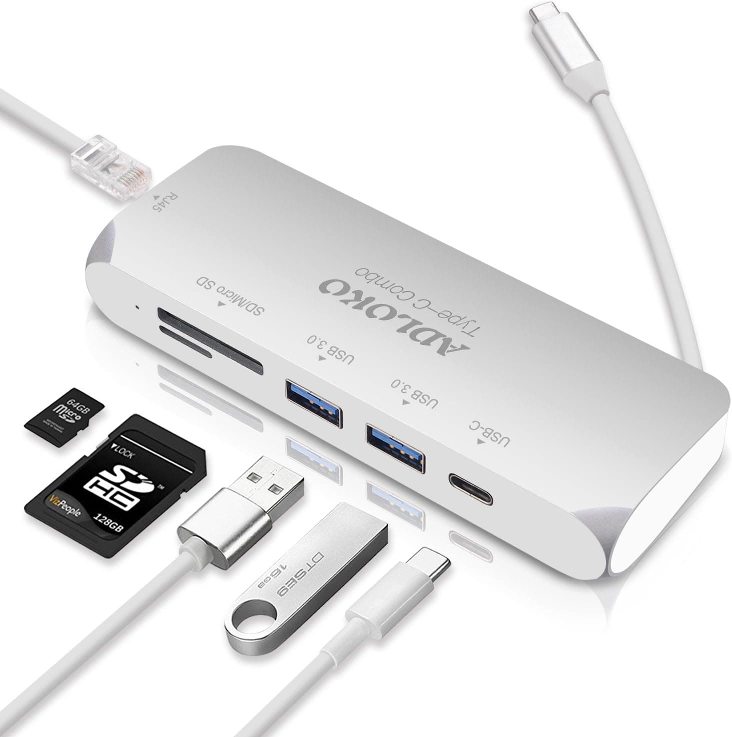 USB Type C Hub Ethernet, ADLOKO 6-IN-1 USB-C Adapter with Gigabit Ehternet, USB-C Power Delivery, 2 USB 3.0 Port, SD/TF Card Reader for Macbook Pro 2017, Chromebook and Mo((Ehternet) 6-IN-1 USB C HUB)