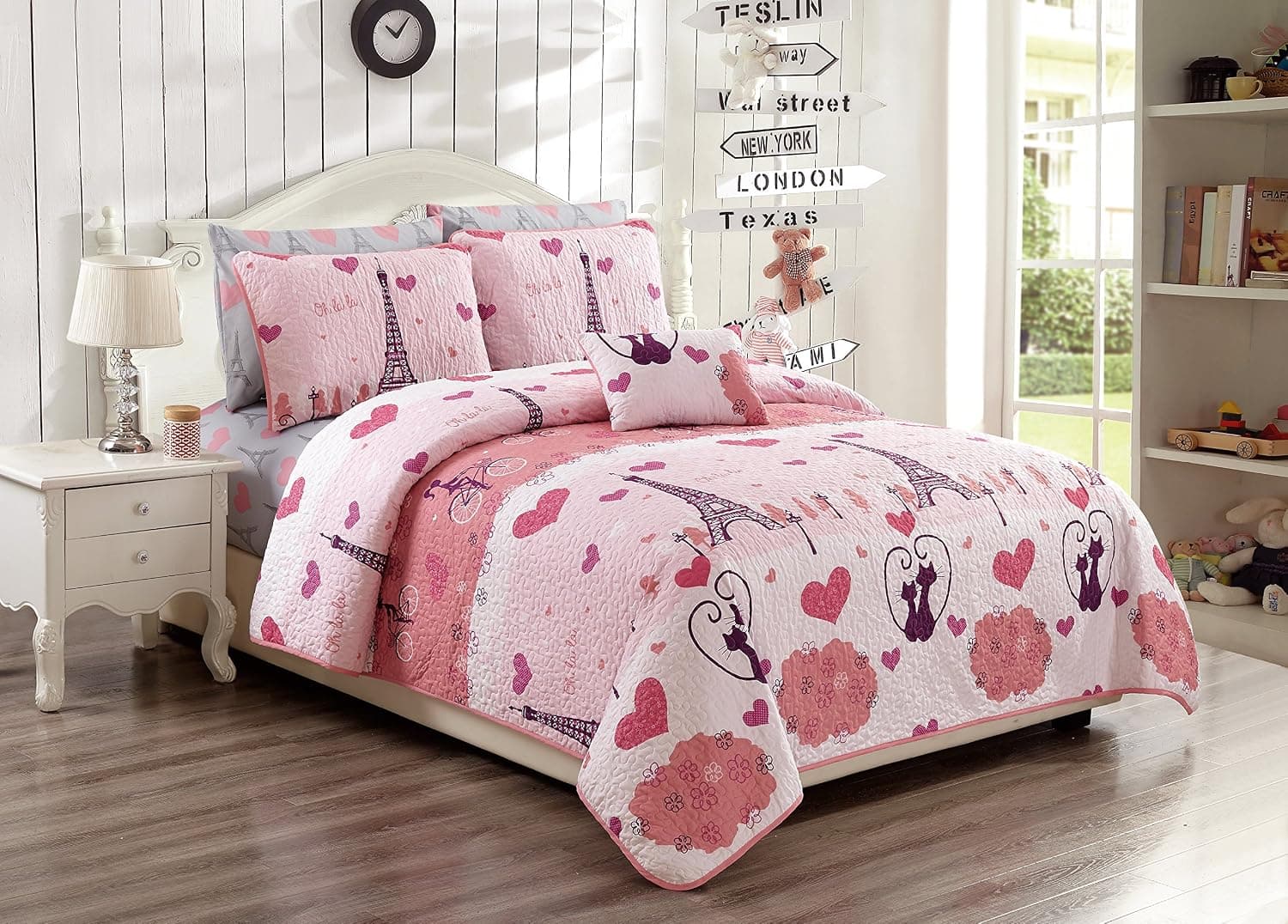 MK Home 4pc Full/Queen Bedspread Set for Girls Paris Bedding Eiffel Tower Pink Grey New