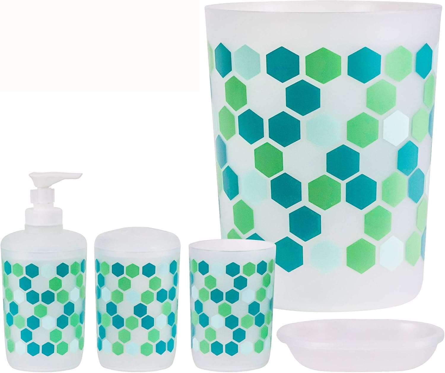 DecorRack Set of 5 Designer Bathroom Vanity Accessories, BPA Free – Plastic, Bath Ensemble Includes Trash Can, Hand Soap Lotion Dispenser, Toothbrush Holder, Bathroom Tumbler, Soap Dish (5 Pcs Set)