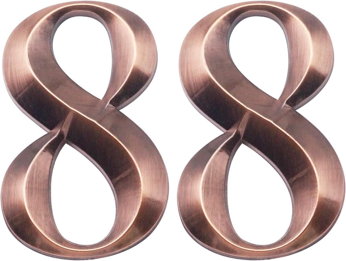 Two Pieces House Numbers, 3D Self-Adhesive Mailbox Numbers, Address Numbers for Apartment, Hotel, Door, Room Waterproof, Shiny Antique Brass Numbers 8