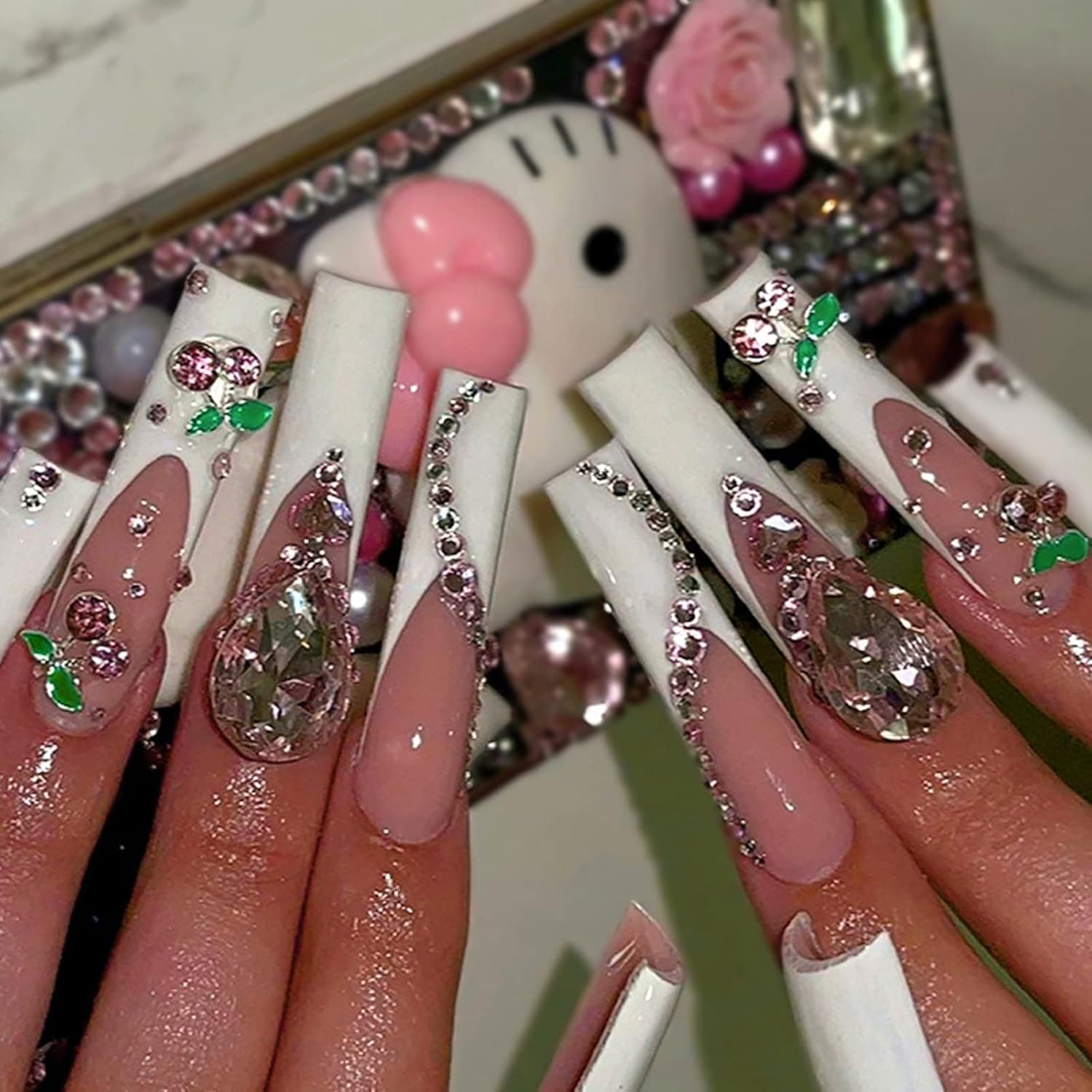 YOSOMK French Tip Press on Nails Long Pink Rhinestone False Fake Nails Acrylic Nails Press On Matte Coffin Artificial Nails for Women Stick on Nails With Glue on Static nails