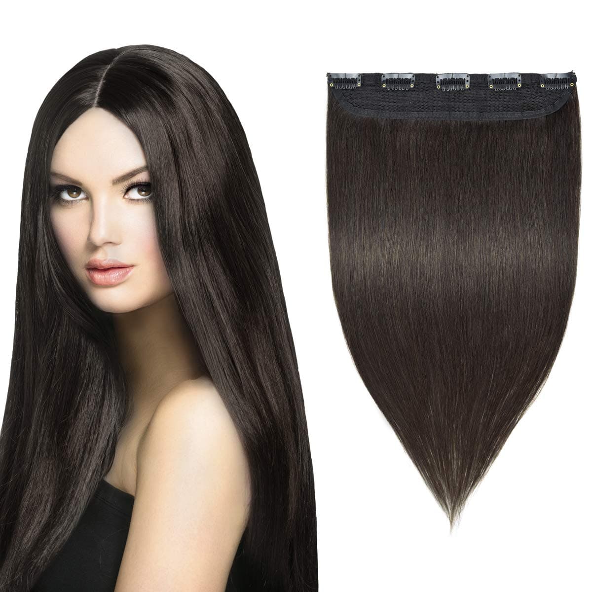 YAMEL Clip in Hair Extensions Human Hair 3/4 Full Head 1 Piece 5 Clips Natural Long Straight Hairpiece for Women 18 Inch Dark Brown