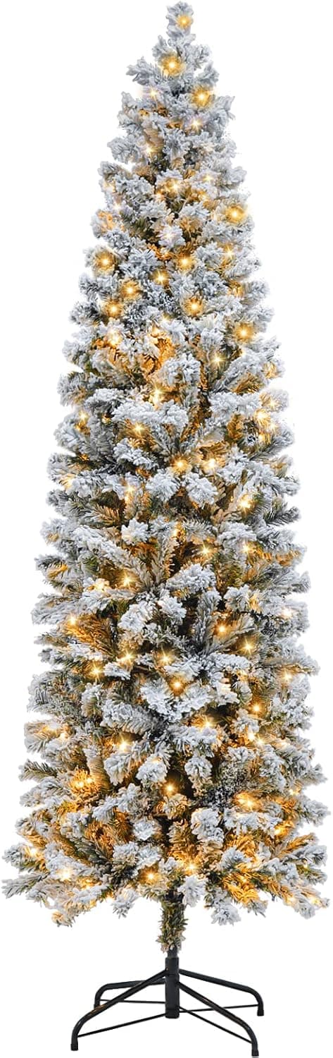 7.5 Ft Pre Lit Flocked Pencil Christmas Tree Artificial Tall Slim Christmas Tree Skinny Big Xmas Tree with 304 Led Lights & 853 Branch Tips, Prelit Christmas Tree for Indoor Outdoor Yard Decorations