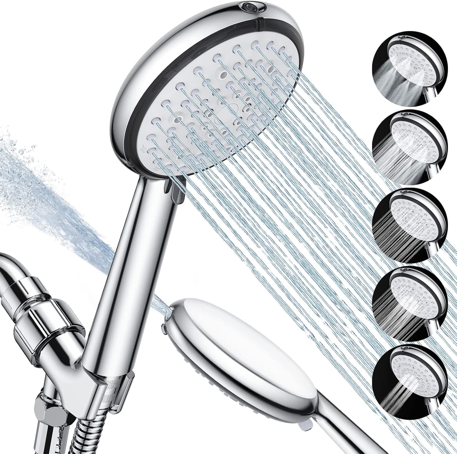 Shower Head with Handheld - VEWO High Pressure Shower Heads with Spray, Built-in Power Wash to Clean Tub, Tile & Pets 6 Spray Setting with Extra 59" Staninless Steel Hose & Adjustable Bracket, Silver