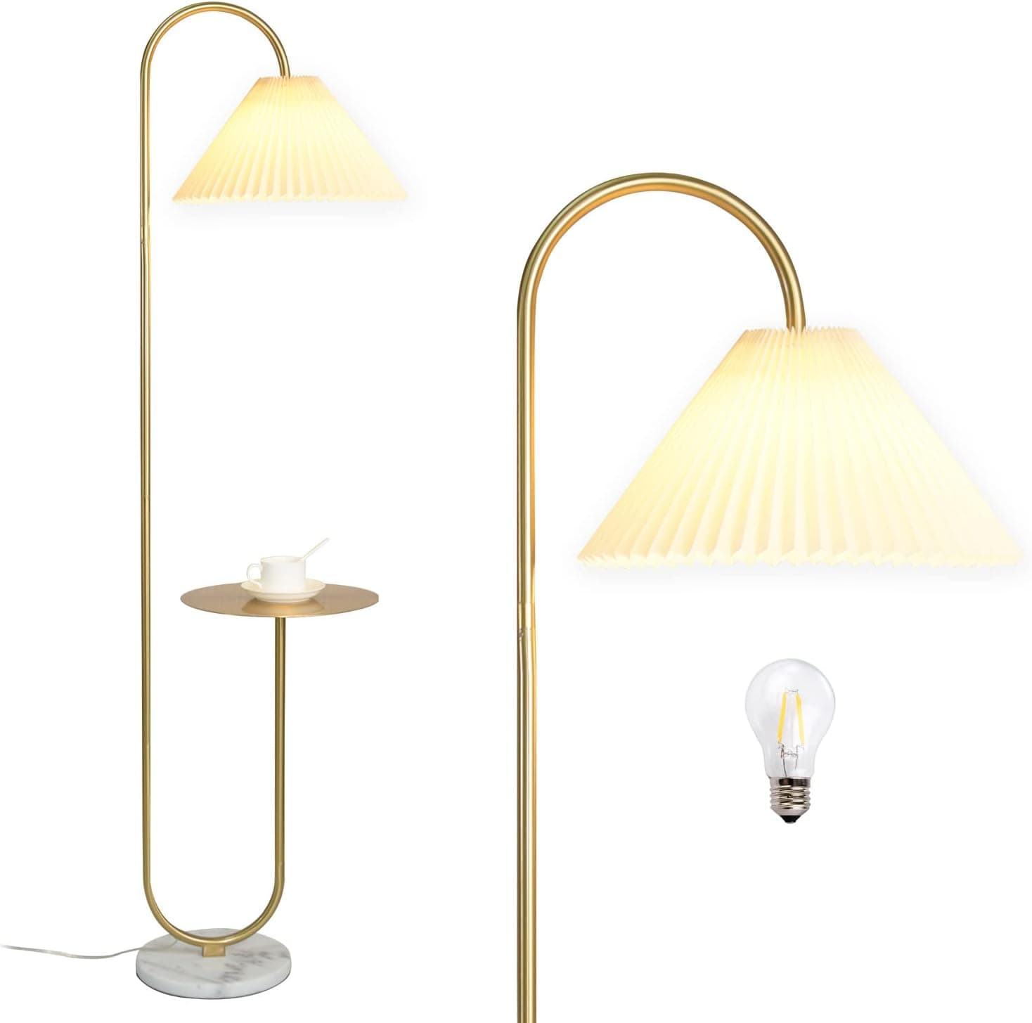Beaysyty Modern Elegant with Tray Floor Lamp for Office Cafe Den Living Room Bedroom, Foot Switch and Brass/Gold Finish,Light Yellow Pleated Cloth Lampshade