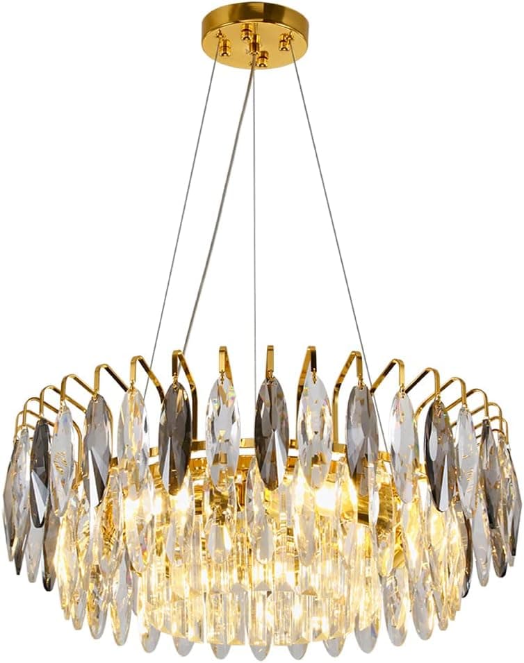 XIIYEE Modern K9 Crystal Chandeliers Contemporary 6-Light Round Gold Chandelier Smoky Crystal Pendant Hanging Light for Dining Room Kitchen Living Room Foyer Bedroom D21.65