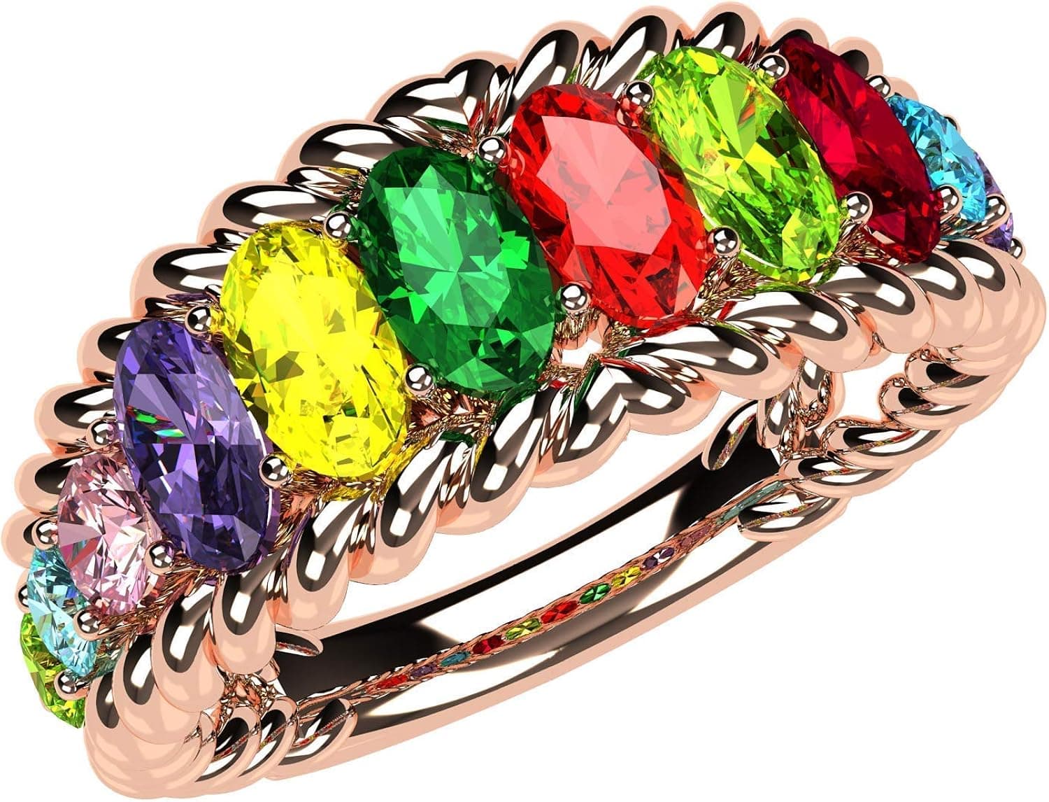 Central Diamond Center Oval Rope Mothers Birthstone Ring w/ 1 to 12 Simulated Gemstones in Sterling Silver or 10K Gold For Women