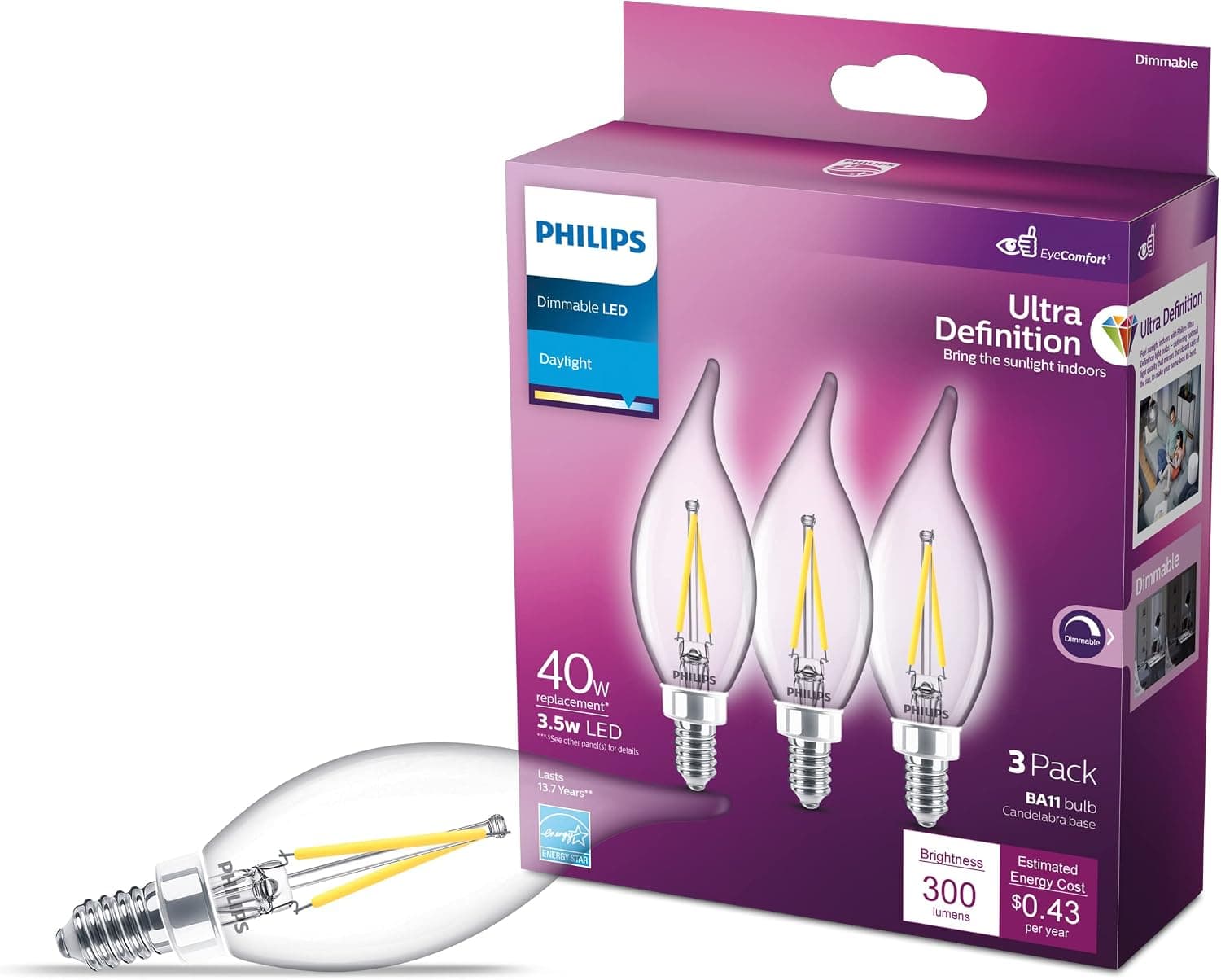Philips LED Ultra Definition Flicker-Free Dimmable, Eye Comfort Technology, Daylight 5000K BA11 Clear Glass Light Bulb, 500 Lumen, 5W=60W, E12 Base, Title 20 Certified, 3-Pack (564898)