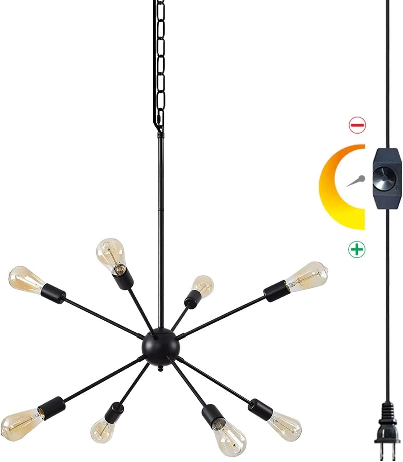 HOXIYA DIMMABLE Modern Sputnik Chandelier 26.3" Light Fixture, Plug in Black 8-Lights Pendant Light, Midcentury Hanging Ceiling Lighting Fixture for Home Lamp, Bedroom, Dining Room, Kitchen, Office