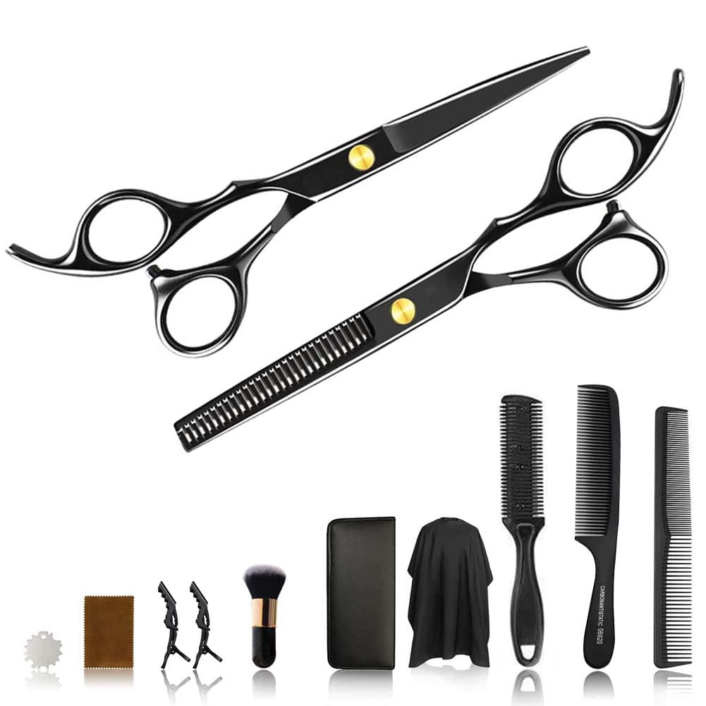 Hair Cutting Scissors Set, 11pcs/Set Haircut Shears with Thinning Scissors Professional Hairdressing Kit for Men, Women,Barber, Salon, Home,Gift for Friends, Family (Dark Black)