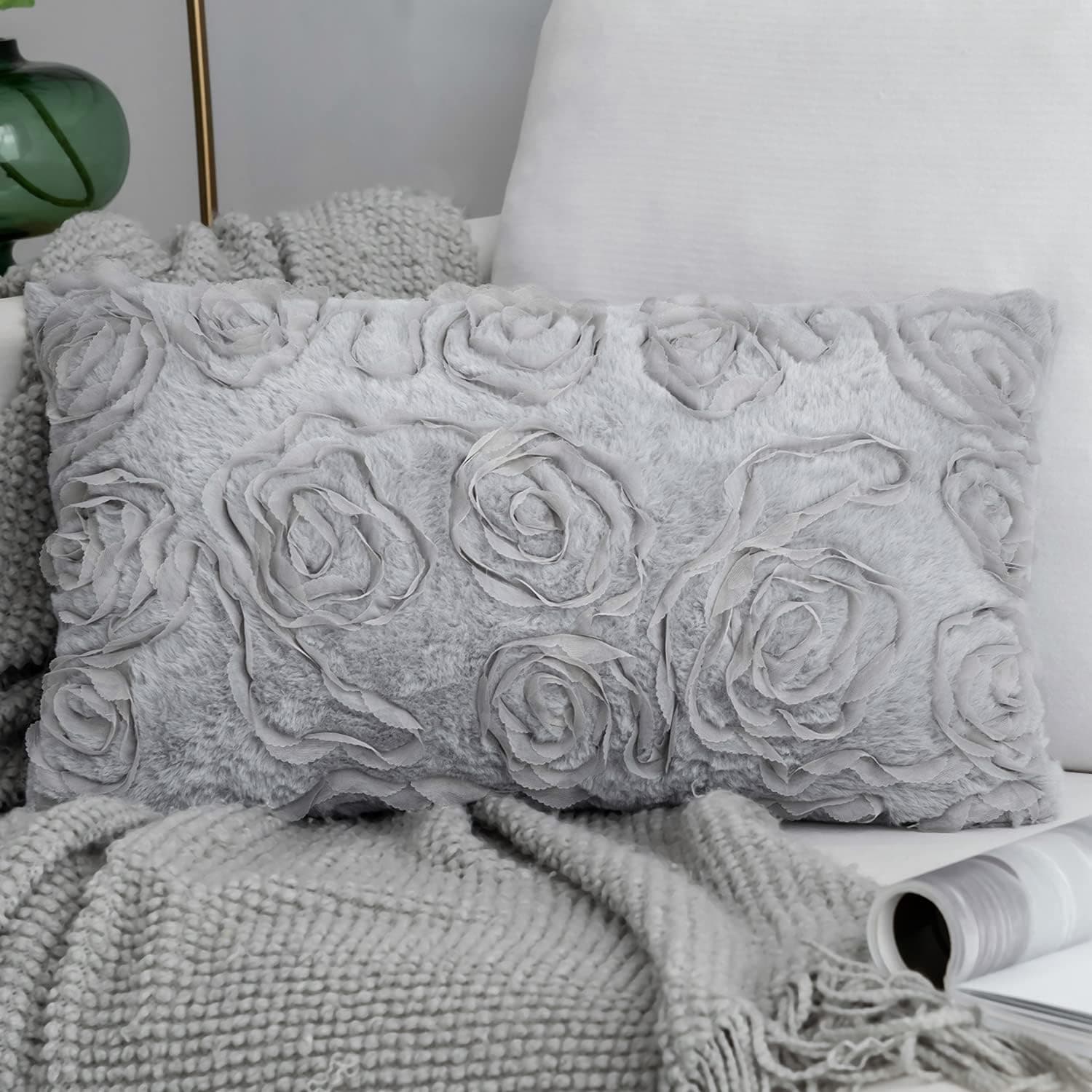 Foindtower 1 Piece Decorative Soft Fur Lumbar Throw Pillow Covers Cute Chiffon Embroidered Rectangular Cushion Cover, Solid 3D Rose Pillowcases for Couch Sofa Bedroom Living Room Gift 12x20 Inch Gray