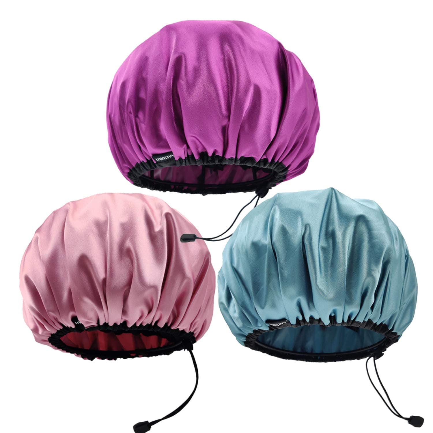 UWEIVV 3 Packs Adjustable Shower Caps Plus Size Shower Caps for Women Silky Satin Double Layers Bathing Shower Hat Hair Protection EVA Shower Caps Reusable Waterproof PURPLE-PINK-BLUE DESIGN