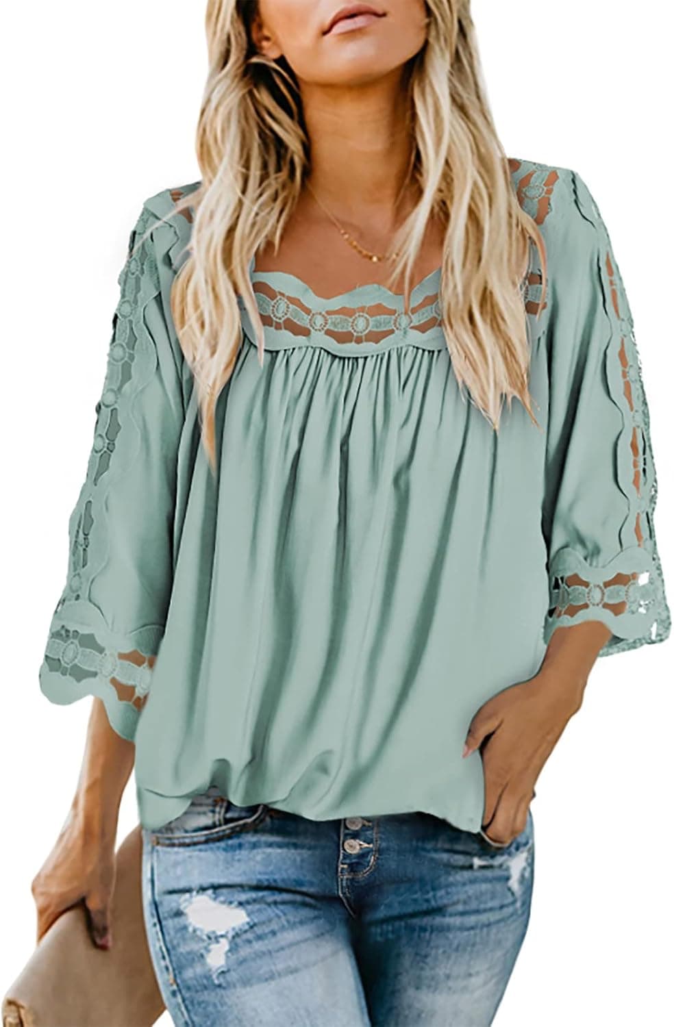 Dokotoo Women 3/4 Sleeve Lace Crochet Tops Blouse Flowy Square Collar Solid Color Shirt Summer