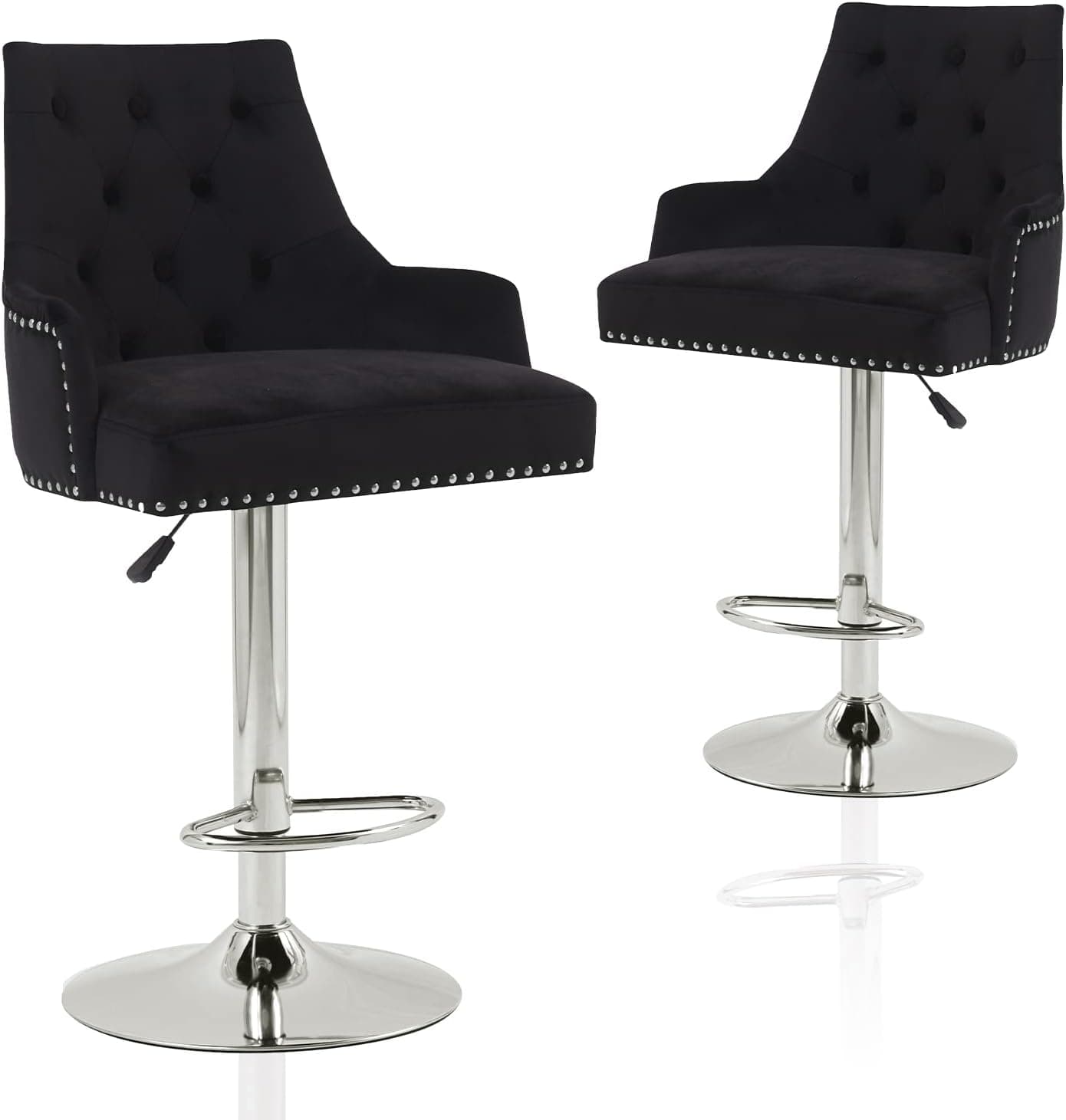 Velvet Bar Stools Chairs Adjustable Height Swivel Bar Stool with Button Tufted Upholstered Barstools Footrest and Back for Counter Kitchen Island Kitchen 2 Pack (Black)
