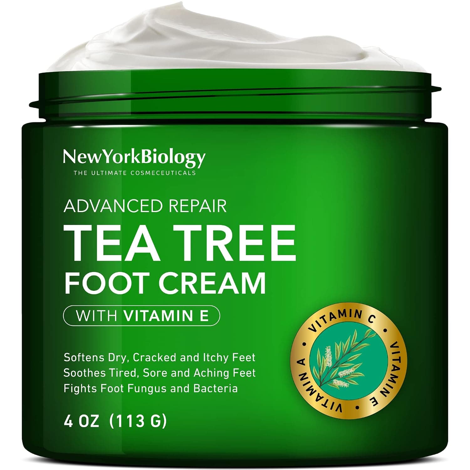 New York Biology Tea Tree Oil Foot Cream with Vitamin E, for Dry Cracked Feet, Athletes Foot, Nail Fungus, Jock Itch, Ringworm, Cracked Heels and Itchy Skin – Foot Cream - 4 oz